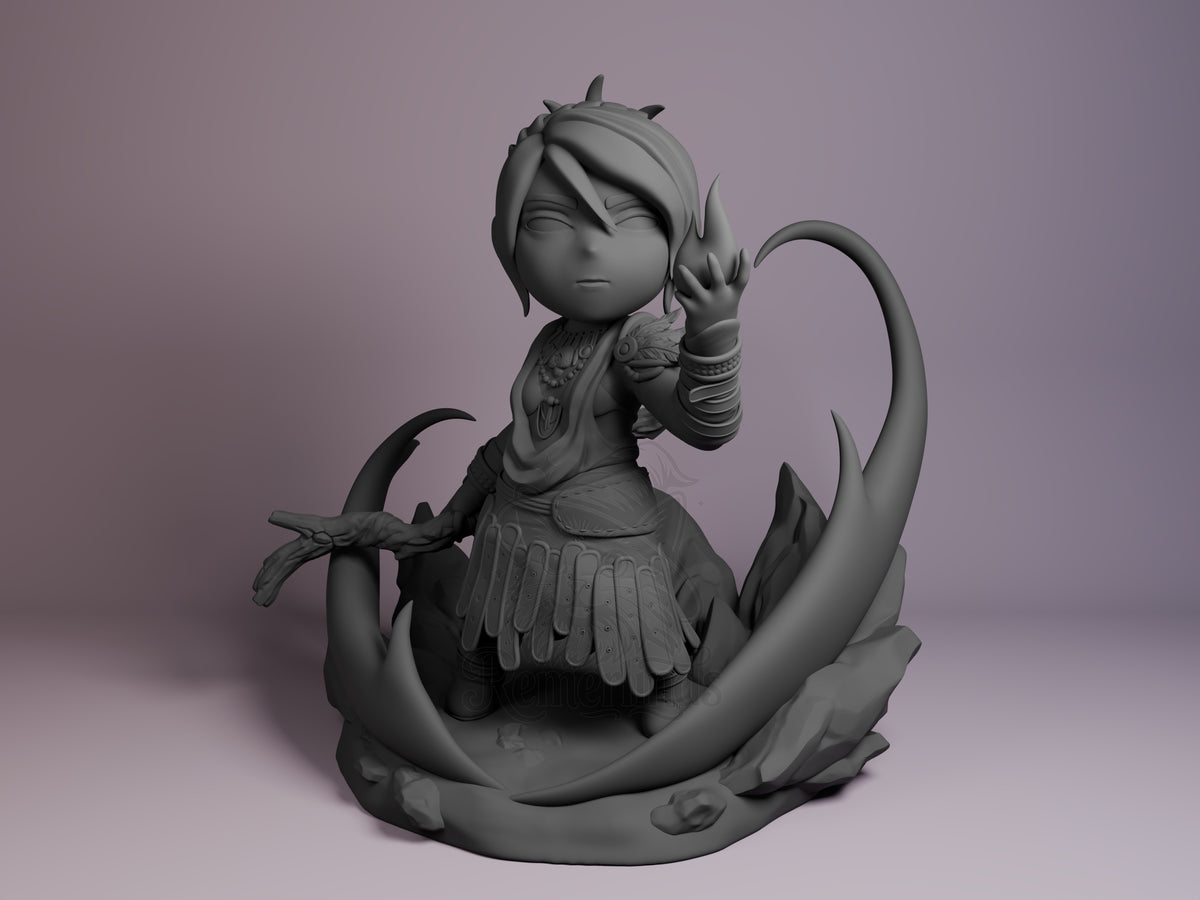 Front-facing Morrigan from Dragon Age raises one hand as an unpainted resin Chibi figure on a sculpted base.