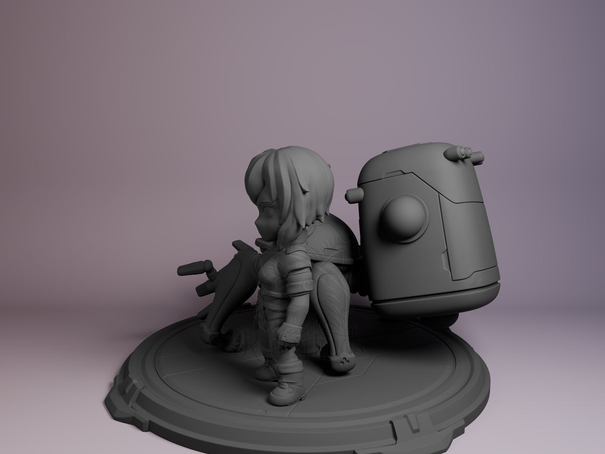 Motoko Kusanagi from Ghost in the Shell is an unpainted resin Chibi figure in side angle on a round base.