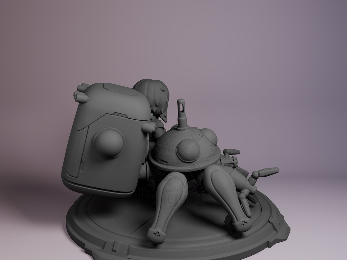 Motoko Kusanagi from Ghost in the Shell, back view, seated behind a vehicle as an unpainted resin Chibi figure on a sculpted.