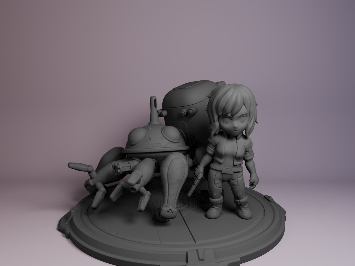 Front view shows unpainted Motoko Kusanagi from Ghost in the Shell resin Chibi figure on a sculpted sci-fi base.