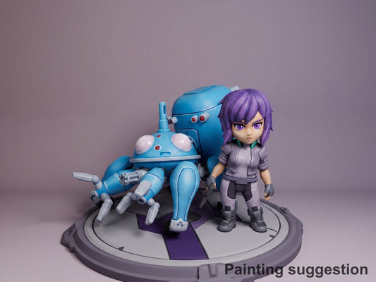 Painted Motoko Kusanagi from Ghost in the Shell resin Chibi figure stands beside robots on a round base.
