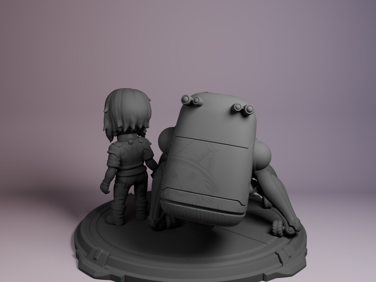 Rear view shows Motoko Kusanagi from Ghost in the Shell beside a robot on a sculpted base, as an unpainted resin Chibi||||E2?