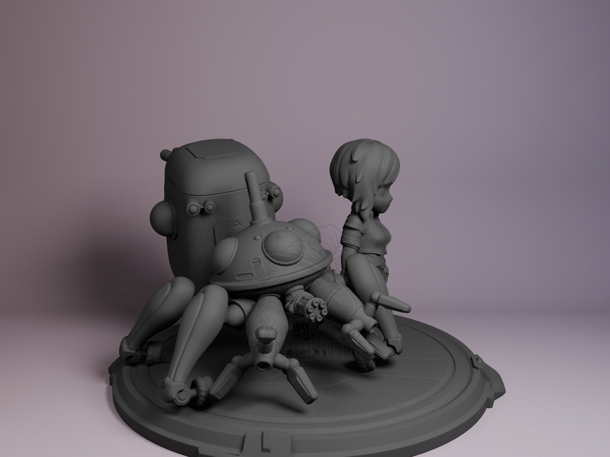 Motoko Kusanagi from Ghost in the Shell is an unpainted resin Chibi figure seated beside a spider mech on a round base.