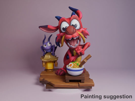 Little Dragon resin Chibi figure from Flower of Valor by Nomnom, painted red and purple, holding noodle bowl on wooden base with purple insect companion.