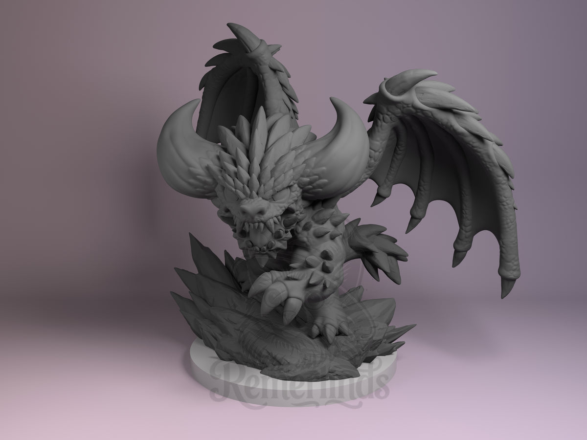 Front-facing unpainted resin Chibi figure of Nergigante from Monster Hunter with wings, horns, and sculpted base.