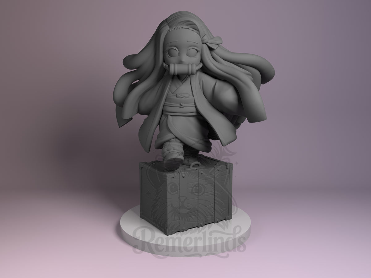 Demon Girl Oni Hunter Corps 3D printed resin figure by Nomnom, unpainted front view. This 3D printed resin miniature depicts a chibi-style demon girl character standing with one foot confidently placed on a wooden crate. She wears a traditional kimono with flowing hair and a signature bamboo muzzle, capturing a dynamic and cute interpretation of the character. The figure is detailed with layered clothing and mounted on a simple round base to emphasize the expressive pose and features.