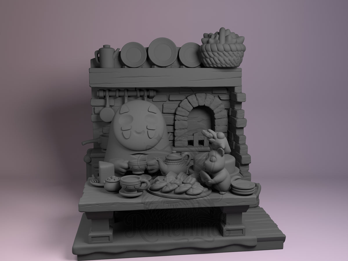 faceless spirit Enchanted Bathhouse 3D printed resin Chibi figure by Nomnom, unpainted front view. The 3D printed resin miniature figure depicts a chibi-style faceless spirit character from the Enchanted Bathhouse series sitting comfortably at a rustic wooden table. The scene includes a cozy brick oven backdrop, various kitchenware items, and a small companion figure, creating a warm, homey atmosphere that evokes peacefulness and hospitality in a stylized fantasy setting.