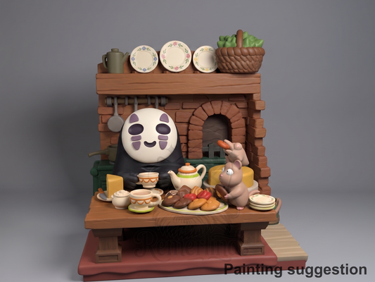 faceless spirit Enchanted Bathhouse 3D printed resin Chibi figure by Nomnom, colored view.