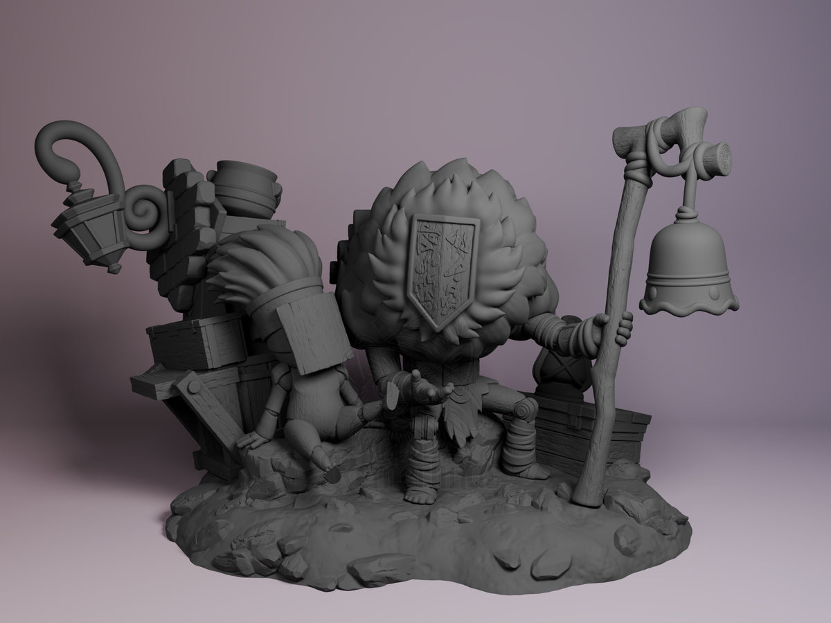 Monoco Odyssey 33 3D printed resin figure by Nomnom, unpainted front view. This 3D printed miniature depicts a chibi-style character named Monoco from the Odyssey 33 series. The figure is crouched forward gripping a staff topped with a bell, while a prominent shield is mounted on the chest area. The base comprises rugged terrain with assorted rustic debris like wooden crates, barrels, and stone chimney with a lantern, reinforcing a natural, expedition-like theme.