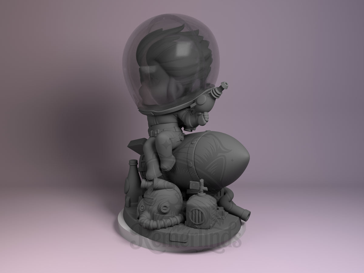 Nuka Girl resin Chibi figure from Fallout 4 shown from side angle, unpainted gray with astronaut helmet, holding weapon, on detailed base.