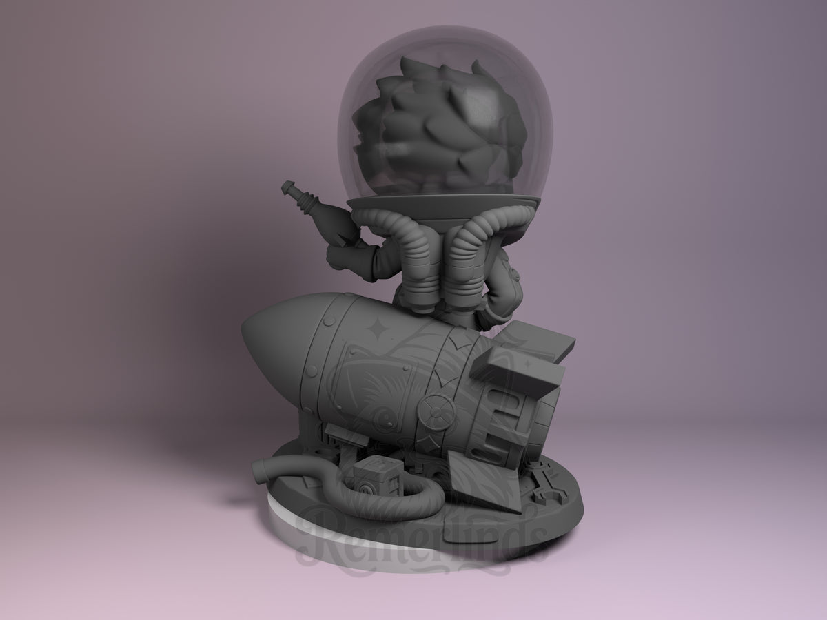 Nuka Girl resin Chibi figure from Fallout 4 shown from back angle, unpainted gray, sitting on rocket base with outstretched arms and bubble helmet.