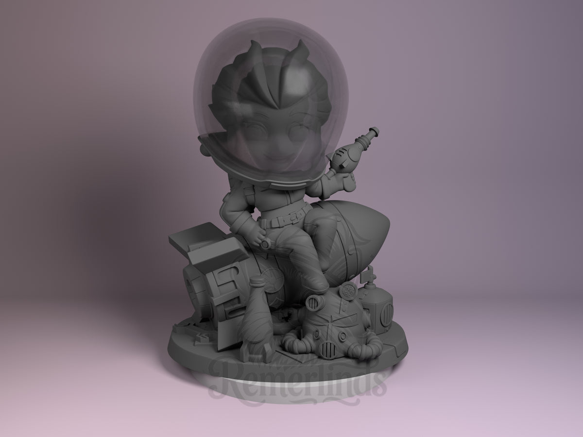 Nuka Girl resin Chibi figure from Fallout 4 facing forward, seated on base with robotic companions, holding weapon, unpainted gray finish.