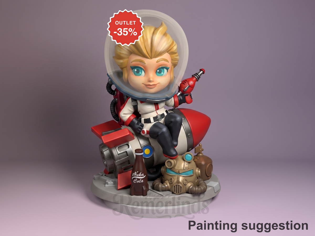 Nuka Girl resin Chibi figure from Fallout 4 in space suit with helmet, posed on rocket base with Nuka-Cola bottle, fully painted, 35% outlet discount.