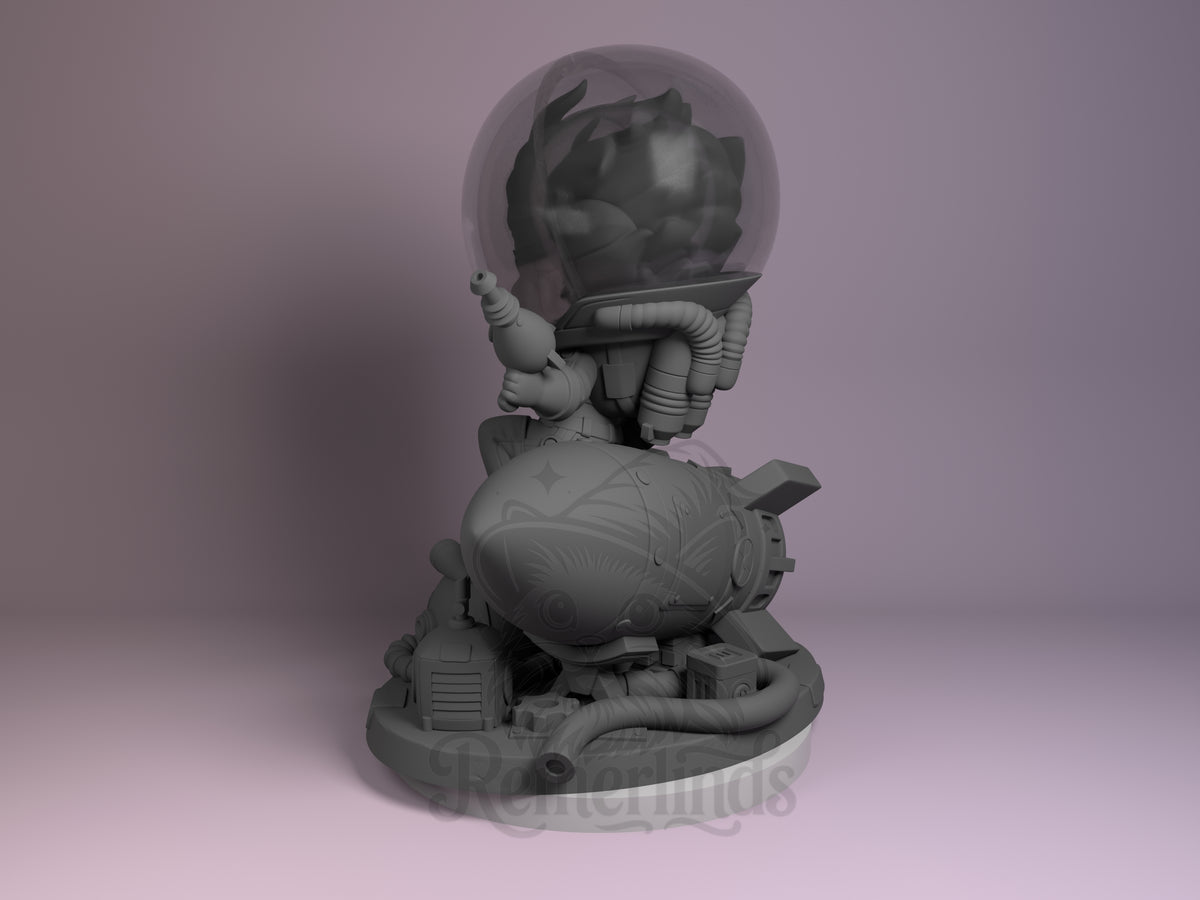Nuka Girl resin Chibi figure from Fallout 4, unpainted grey, side view showing spherical helmet with detailed face and torso on decorative base.