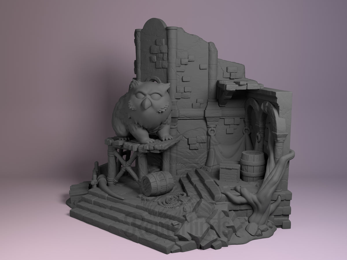 Hybrid Beast classic fantasy roleplaying setting 3D printed resin Chibi figure by Nomnom, unpainted front view. The 3D resin miniature features a chibi-style owlbear hybrid beast perched solidly on a wooden platform in front of a ruined stone wall. The detailed ruins, including barrels, crates, stairs, and scattered debris such as bones and a twisted tree branch, create a rich fantasy environment emphasizing the miniature's theme from the Baldur's Gate series.