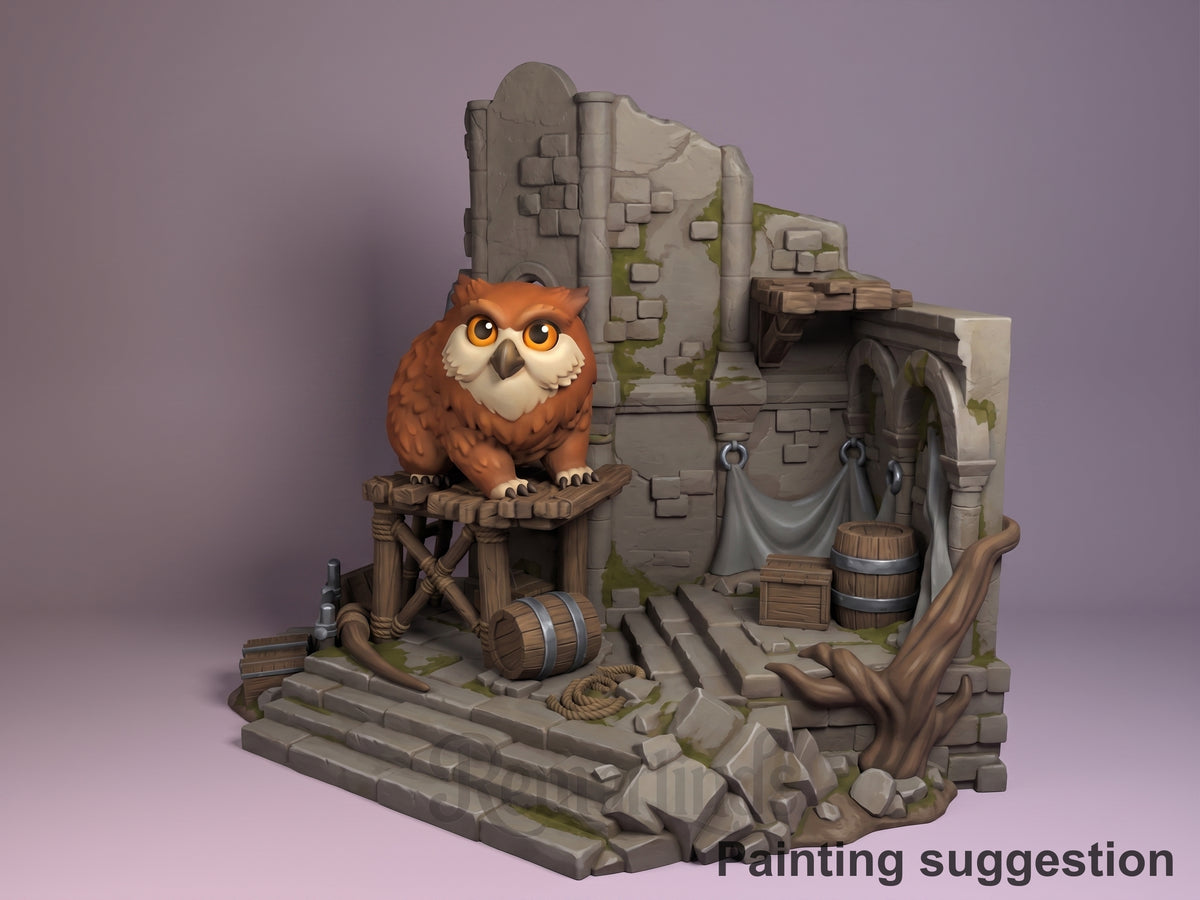 Painted Owlbear from Baldur's Gate resin Chibi figure faces forward on a sculpted ruin base.