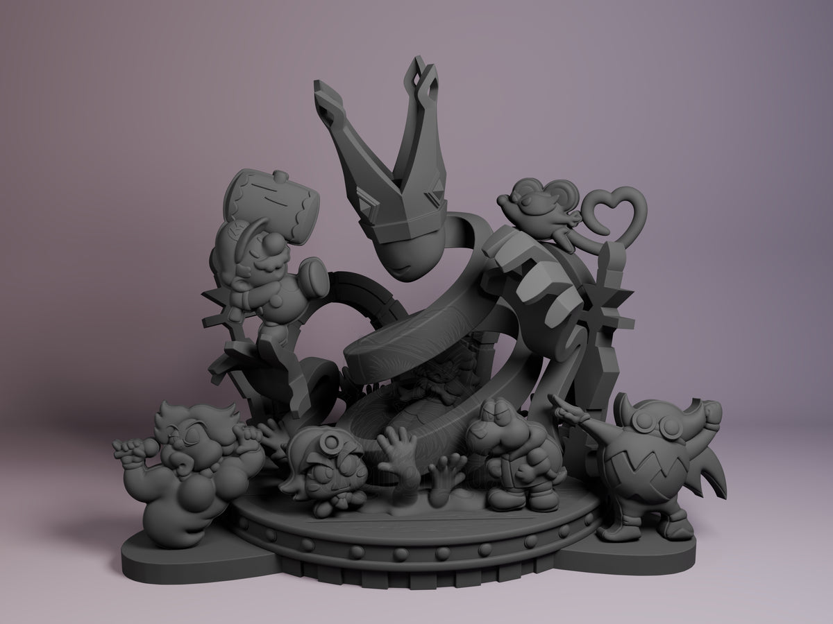 Paper Plumber Hero Super Mario 3D printed resin Chibi figure by Nomnom, unpainted front view. This 3D printed resin miniature features multiple chibi-style characters from the Paper Mario universe arranged around a central slide structure. The characters hold various props like a hammer and a heart-shaped key, each with playful and dynamic poses. The base is detailed with mechanical rivets, enhancing the whimsical and vibrant scene composition.