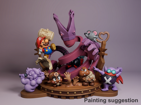 Paper Plumber Hero Super Mario 3D printed resin Chibi figure by Nomnom, colored view.