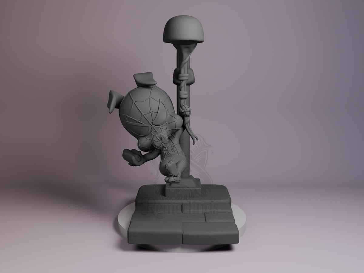 Pig Superhero Spiderman 3D printed resin figure by Nomnom, unpainted front view. This 3D printed miniature depicts a pig superhero modeled after Spiderman in a chibi art style, hanging upside down from a street lamp post. The figure has detailed web patterns on the costume and stylized features including a pig snout and curled tail. The base resembles a street surface, adding context to the dynamic pose showing acrobatic agility.