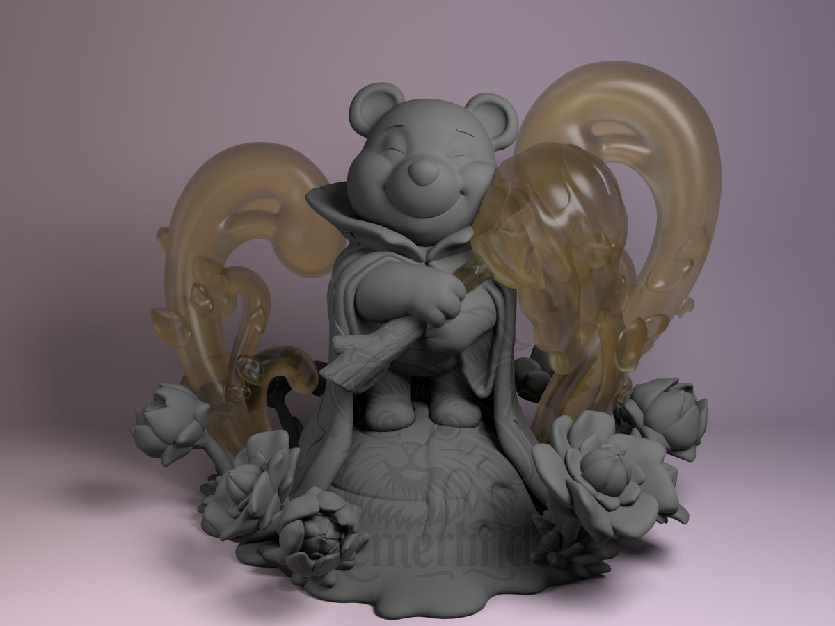 Honey Bear Inkbound Realms 3D printed resin figure by Nomnom, unpainted front view. The figure depicts a chibi bear character standing with a joyful expression, holding a staff topped with a honeycomb. The character wears a dramatic high-collared cape and is surrounded by detailed sculpted flowers at the base. Translucent swirling liquid effects resembling honey flow around the figure, creating a dynamic and whimsical composition.