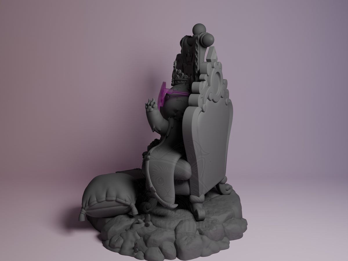 Princess Donut from Dungeon Crawler Carl is an unpainted resin Chibi figure seated on a throne with a rocky base.