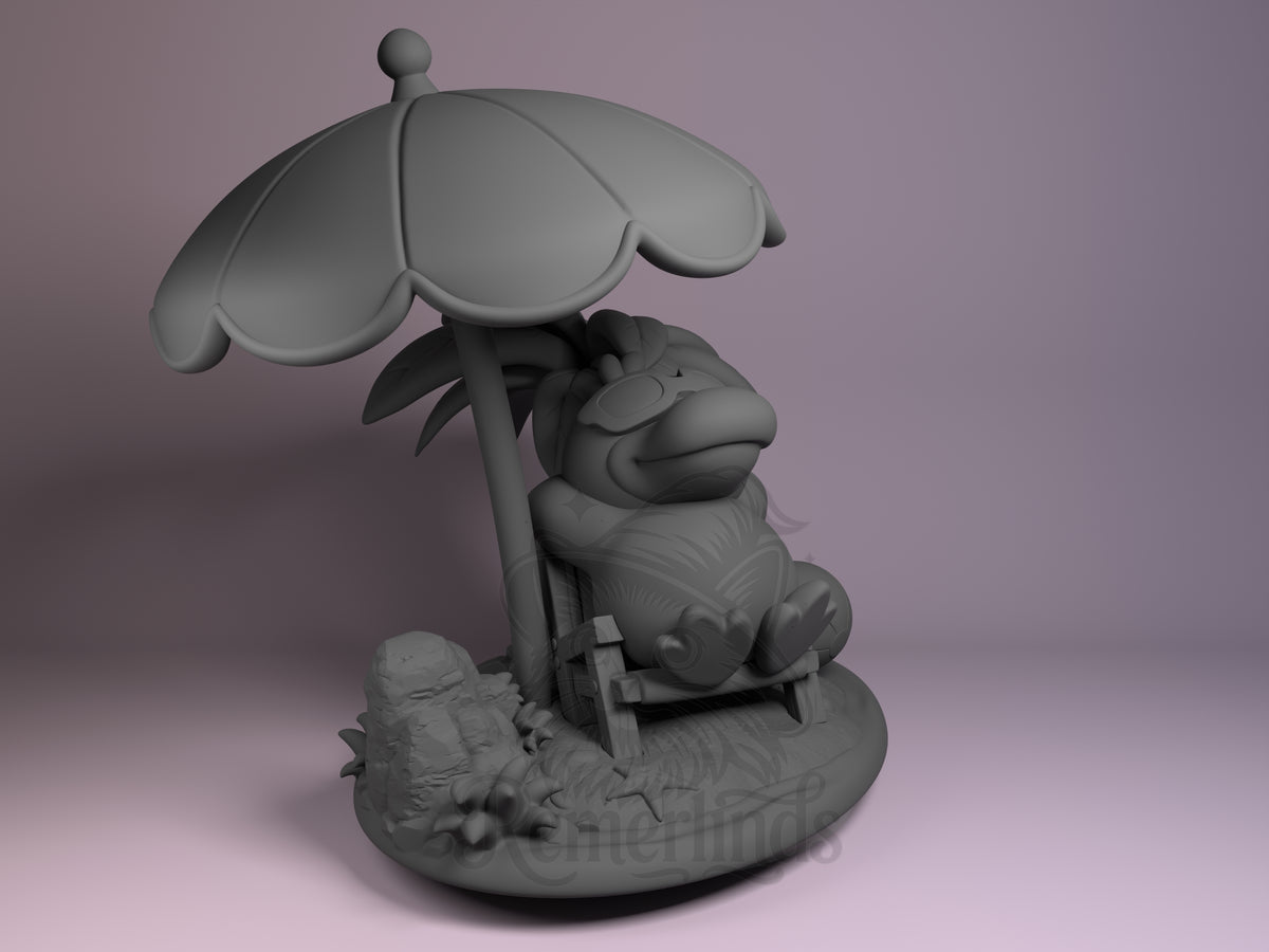 Psyduck Pocket Specters 3D printed resin figure by Nomnom, unpainted front view. The figure depicts the Psyduck Pokémon in a charming chibi style, sitting relaxed on a beach lounge chair under a large umbrella. The character appears calm with closed eyes, giving a peaceful vacation vibe. The base features natural elements like grass and flowers, enhancing the tranquil, outdoor atmosphere of the scene.