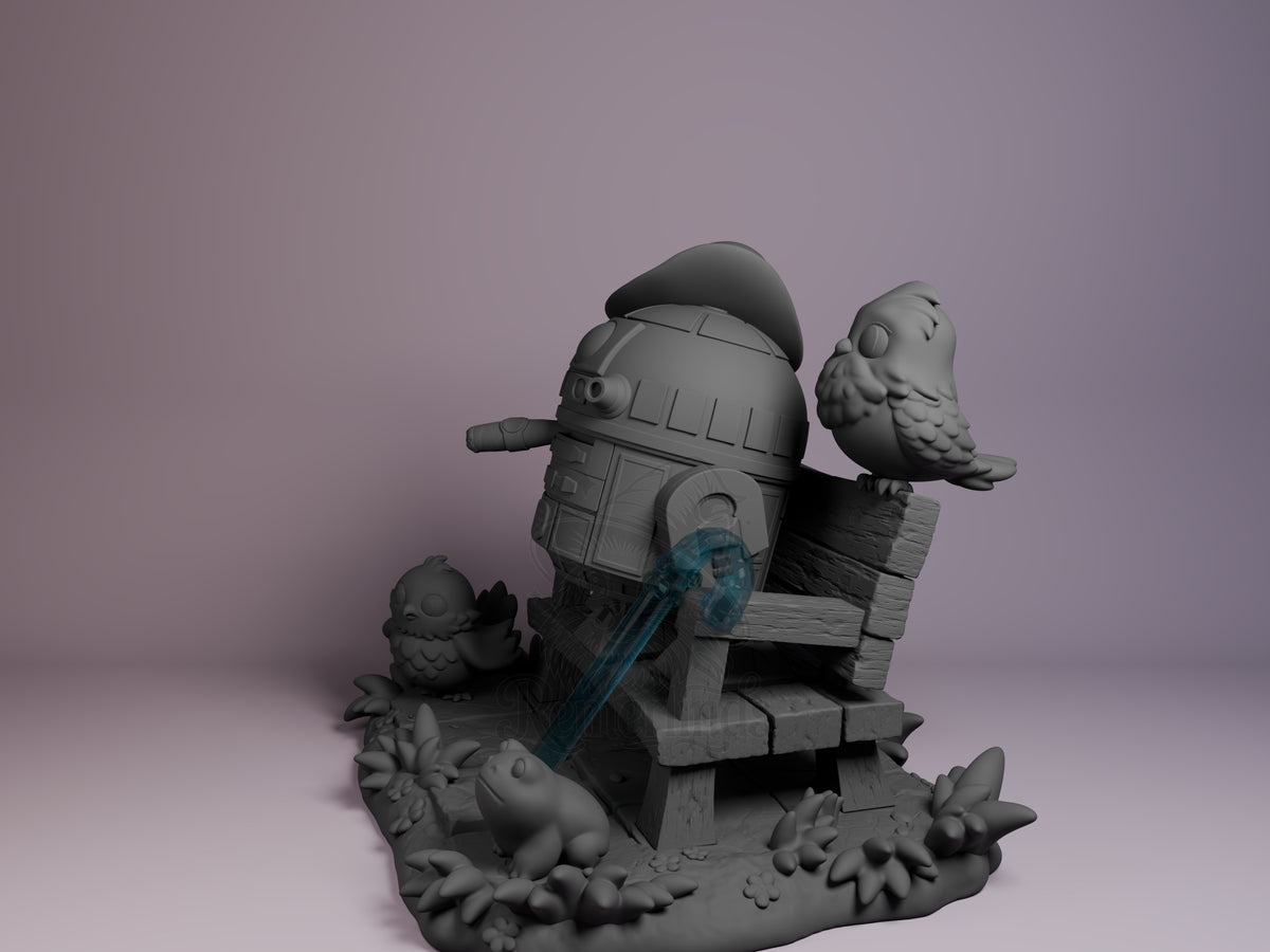 R-Series Astromech Galaxy Wars 3D printed resin Chibi figure by Nomnom, angled view showing dimensional details.