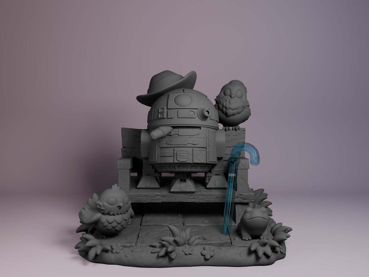 R-Series Astromech Galaxy Wars 3D printed resin Chibi figure by Nomnom, unpainted front view. This chibi figure of R2D2 is posed sitting comfortably on a rustic wooden bench, wearing a stylish wide-brimmed hat. The figure is surrounded by three cute bird-like creatures and a frog, adding a lively and idyllic atmosphere. A transparent light blue cane leans against the bench, complementing the charming, peaceful scene with natural base details.