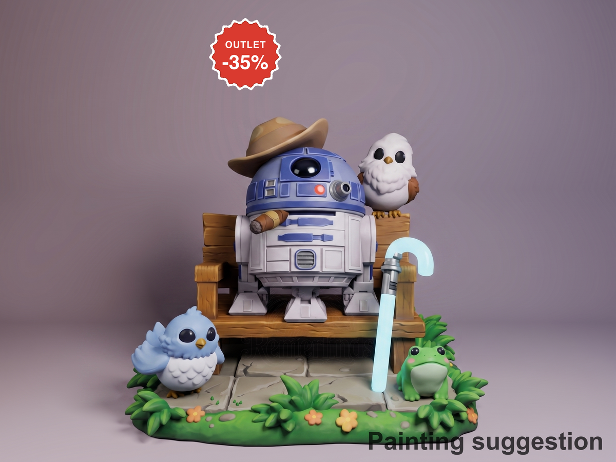 R2D2 resin Chibi figure seated on wooden bench with cowboy hat, surrounded by bird companions and green base, painted details visible.