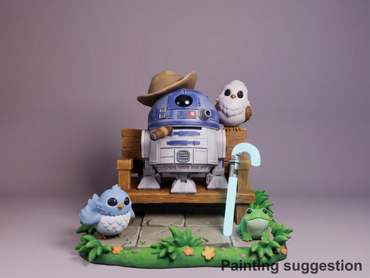 Painted R-Series Astromech from Galaxy Wars resin Chibi figure faces front on a sculpted base.