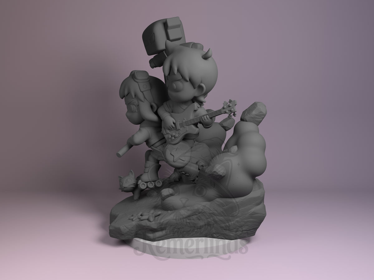 Ramona Blooms Seven Ex Showdown 3D printed resin Chibi figure by Nomnom, angled view showing dimensional details.