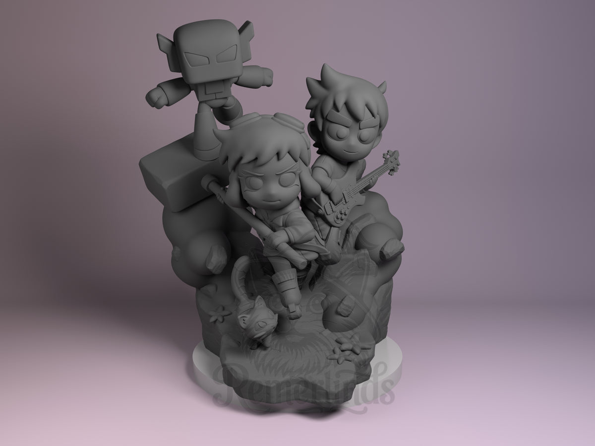 Ramona Blooms Seven Ex Showdown 3D printed resin Chibi figure by Nomnom, unpainted front view. This 3D printed resin miniature features a chibi-styled Ramona Blooms seated holding a large bat in a poised action pose, with a guitarist standing behind her. Above them hovers a small robot figure in a flying pose. The base includes rock and mechanical elements enhancing the action scene composition.