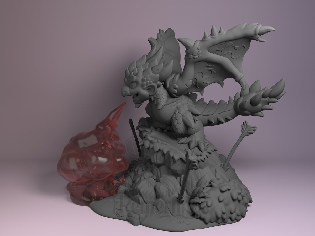 Rathalos from Monster Hunter resin Chibi figure is unpainted, angled with wings spread on a sculpted base.