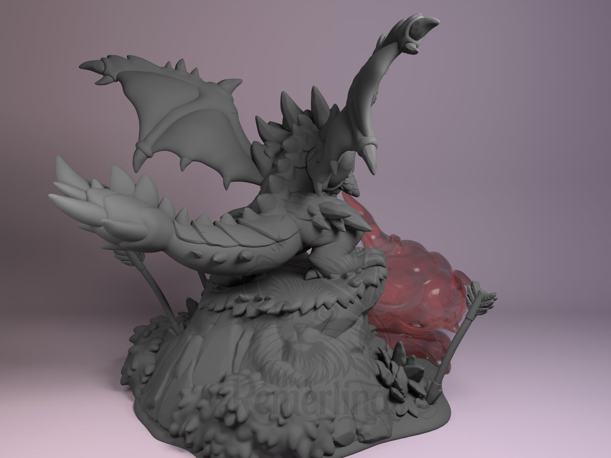 Rathalos from Monster Hunter stands rear-view: an unpainted resin Chibi figure on sculpted base.