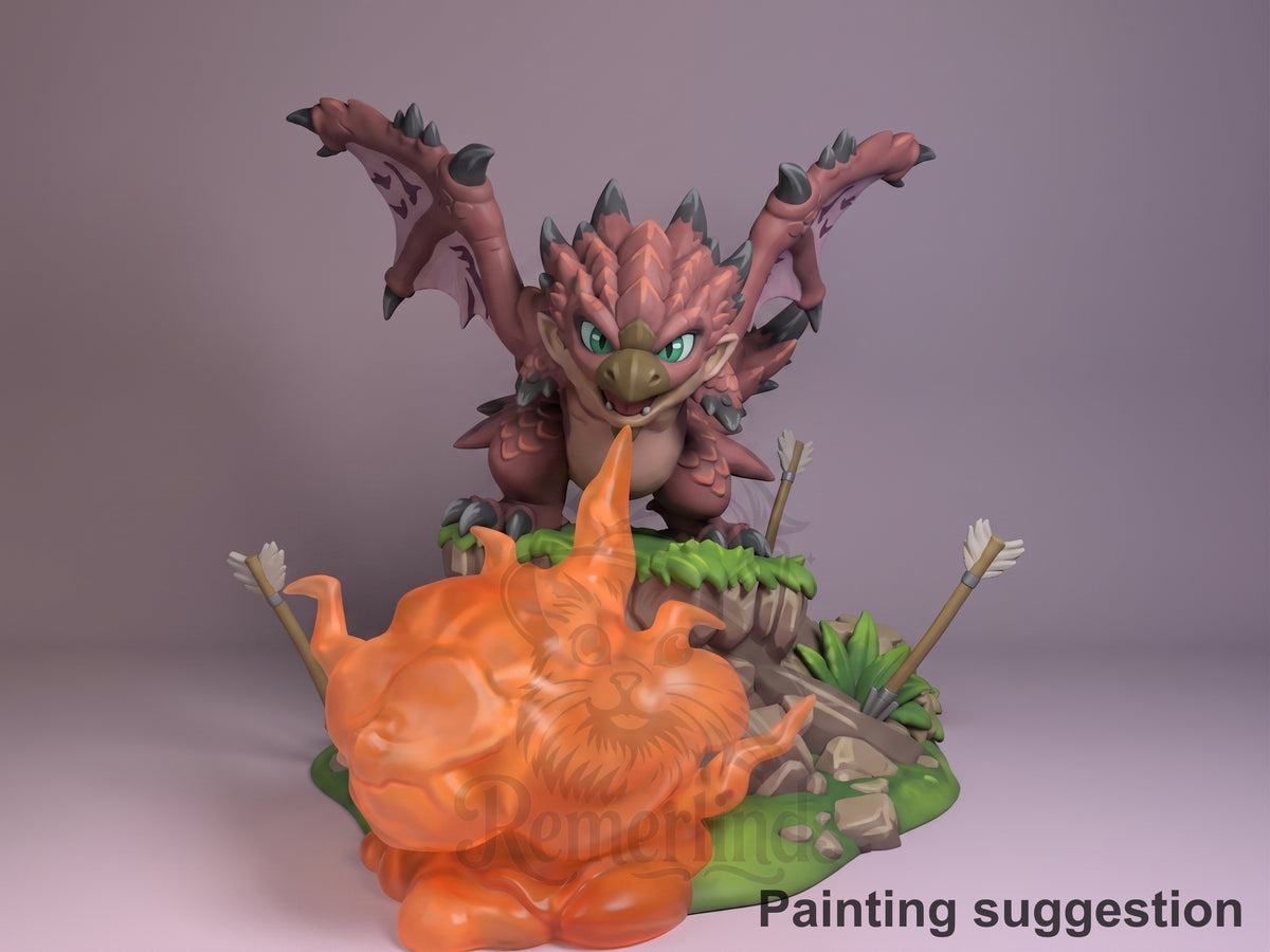 Painted Rathalos from Monster Hunter resin Chibi figure is front-facing on a sculpted base.