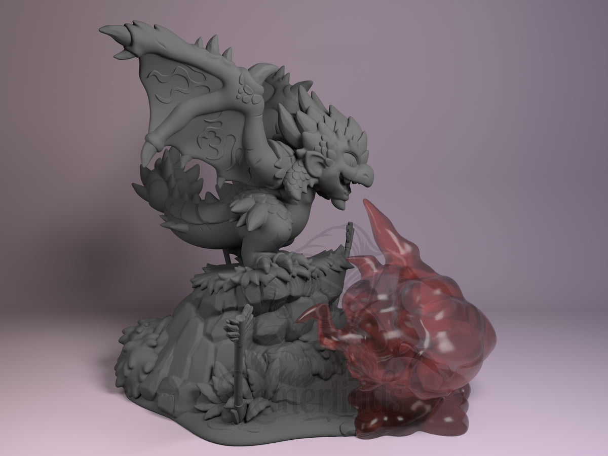 Rathalos from Monster Hunter is an unpainted resin Chibi figure shown from the right with wings spread on a sculpted base.