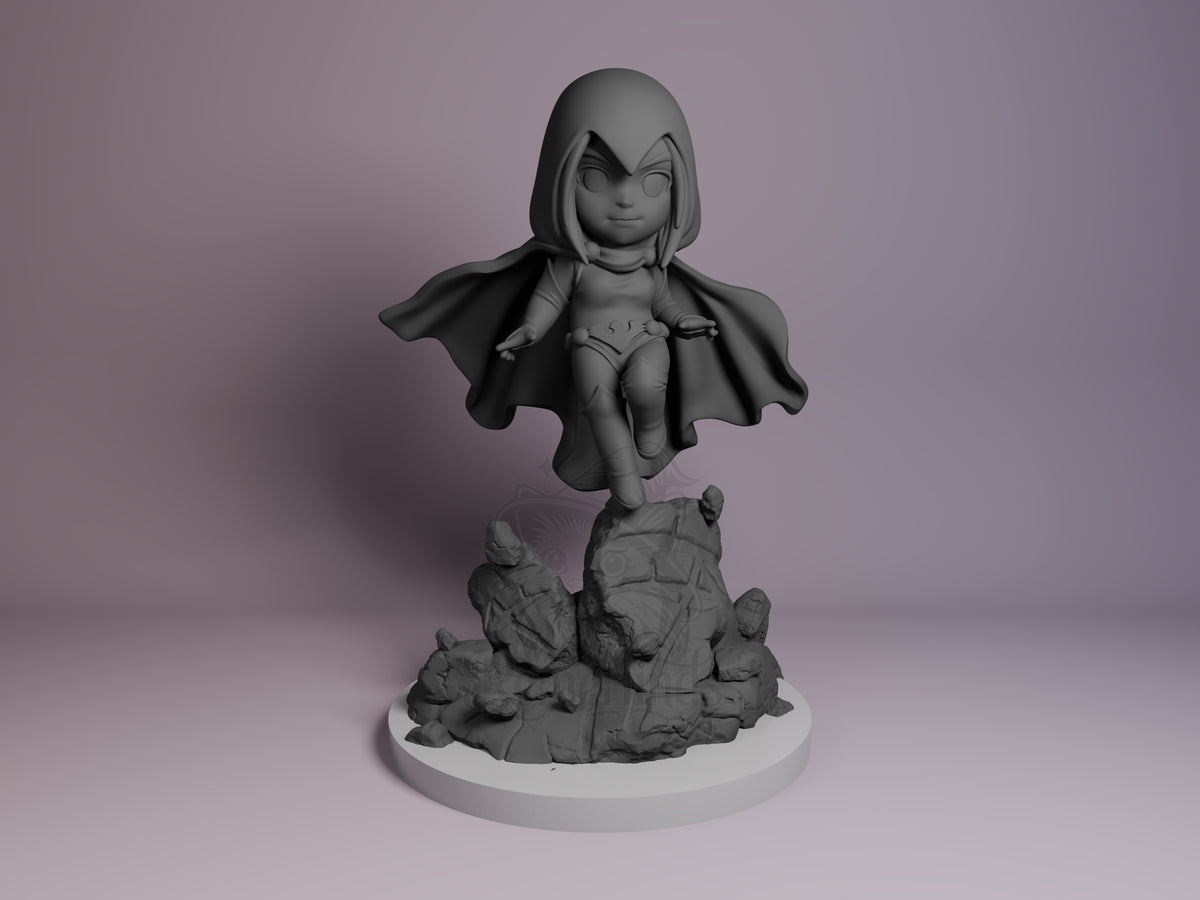 Azara, Shadow Sorceress Teen Heroes Squad 3D printed resin figure by Nomnom, unpainted front view. This 3D miniature figure depicts Azara, the Shadow Sorceress, in a floating mid-action stance, suggesting magical powers in use. The flowing hooded cape and detailed rocky base enhance the sorceress theme, while the chibi style adds a stylized charm. The absence of weapons focuses attention on her mystical pose and magical aura.