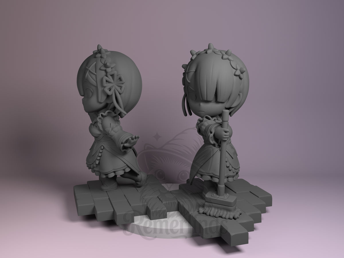 Remi & Rami Re:Start 3D printed resin Chibi figure by Nomnom, angled view showing dimensional details.