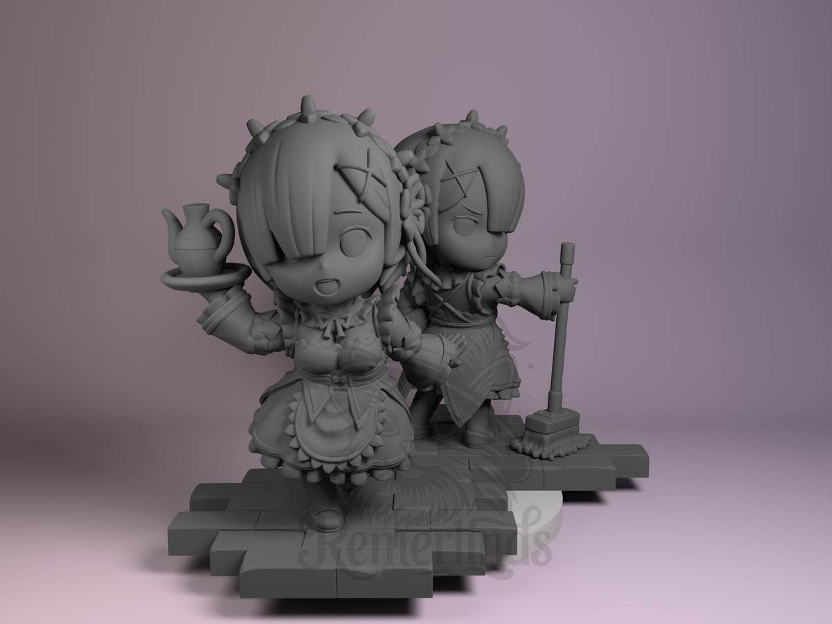 Remi & Rami Re:Start 3D printed resin Chibi figure by Nomnom, unpainted front view. This 3D printed resin miniature figure consists of two chibi-style characters standing closely on a tiled base. The front character holds a tray with a teapot and projects a friendly demeanor, while the back character holds a broom with a focused stance. Both figures are dressed in detailed maid outfits with accessories in their hair, capturing a cute and dynamic paired composition.
