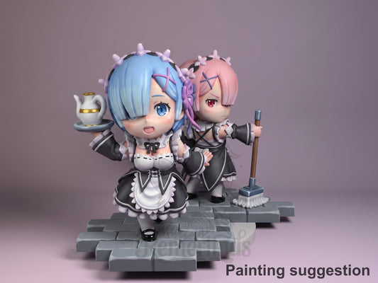 Front-view painted Rem Ram from Re:Zero resin Chibi figure pair stands on a brick base; teapot left, broom right.