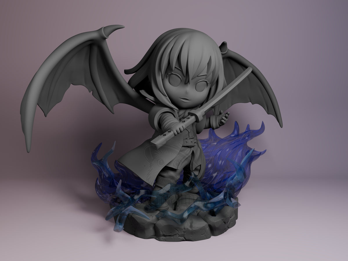 Rimuru Tempest resin Chibi figure from That Time I Got Re-incarnated as a Slime, front view, unpainted, with sword and rocky.