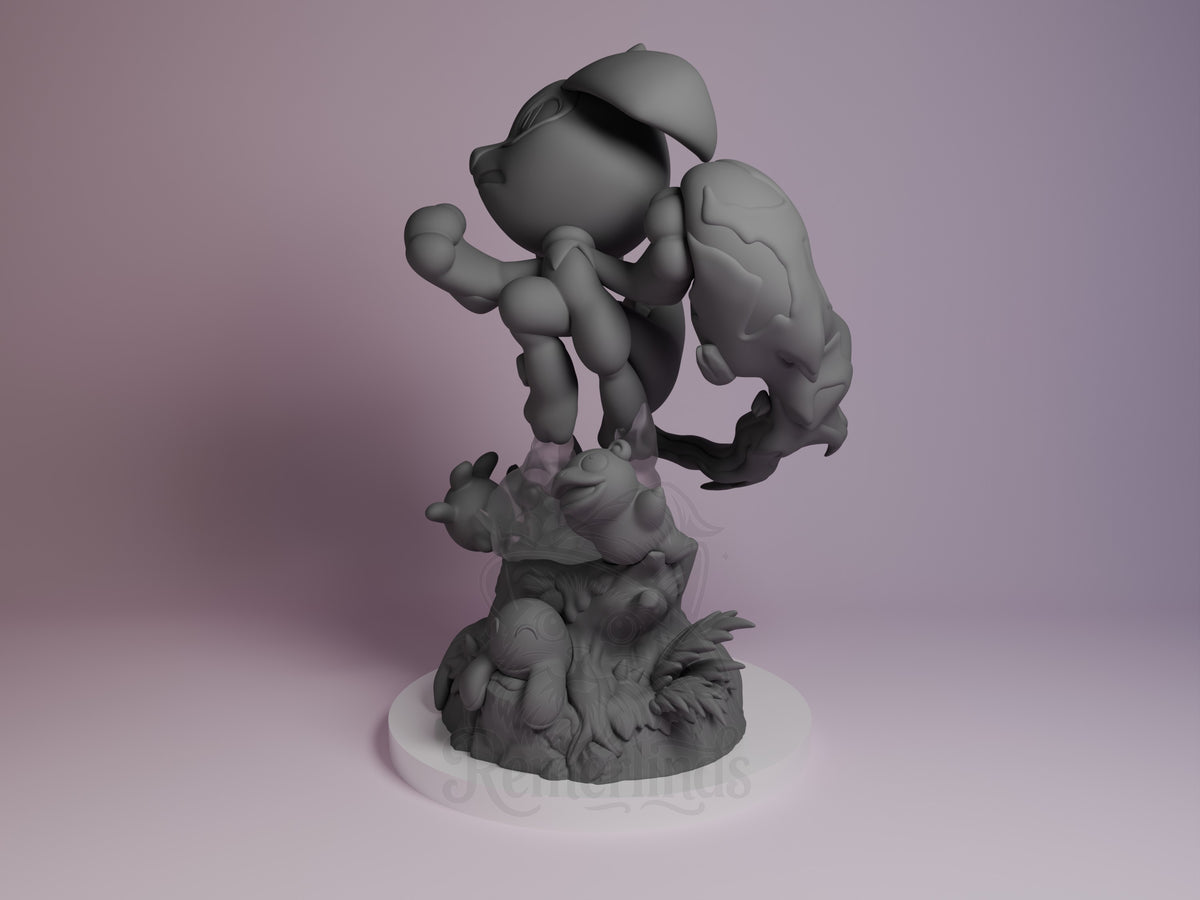 Riolu Pocket Specters 3D printed resin Chibi figure by Nomnom, angled view showing dimensional detail.