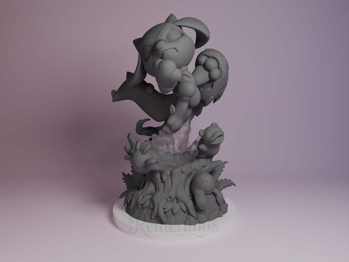 Riolu Pocket Specters 3D printed resin Chibi figure by Nomnom, unpainted front view. This 3D printed chibi figure of Riolu captures the character in an energetic leaping action pose, emphasizing its fighting spirit with raised fists. The base intricately incorporates a forest theme featuring a tree stump and playful Pokémon side characters, creating a dynamic and lively composition enhancing the figure's overall charm and storytelling.