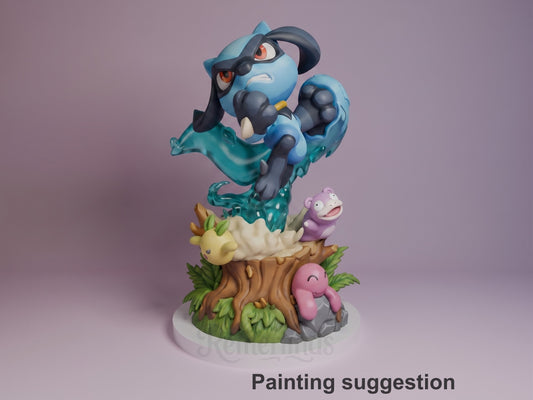 Painted Riolu from Pokémon is an angled leaping resin Chibi figure atop a sculpted tree base.
