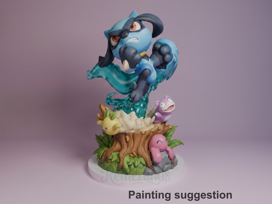 Riolu Pocket Specters 3D printed resin Chibi figure by Nomnom, colored view.