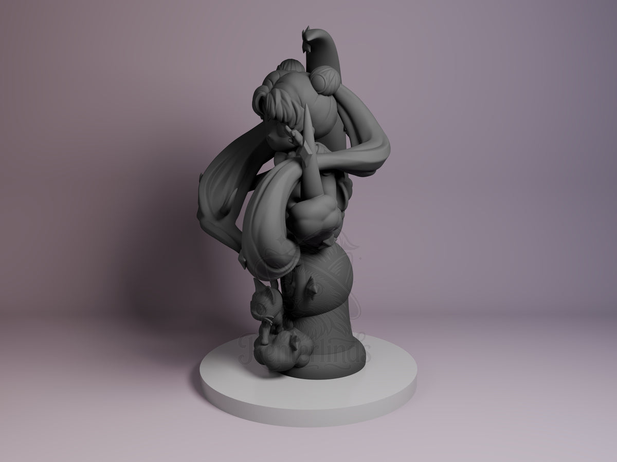 Angled view of unpainted Sailor Moon resin Chibi figure with crossed arms on a sculpted base.