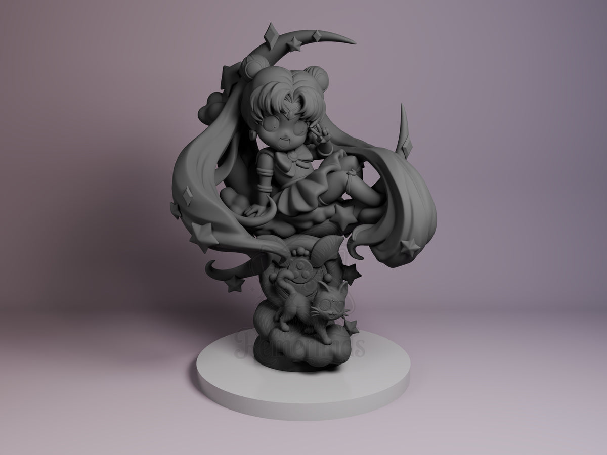 Front view of Sailor Moon from Sailor Moon as an unpainted resin Chibi figure seated on a sculpted cat base.