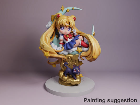 Painted Sailor Moon from Sailor Moon sits on a crescent-and-cloud base with Luna in front, resin Chibi figure.