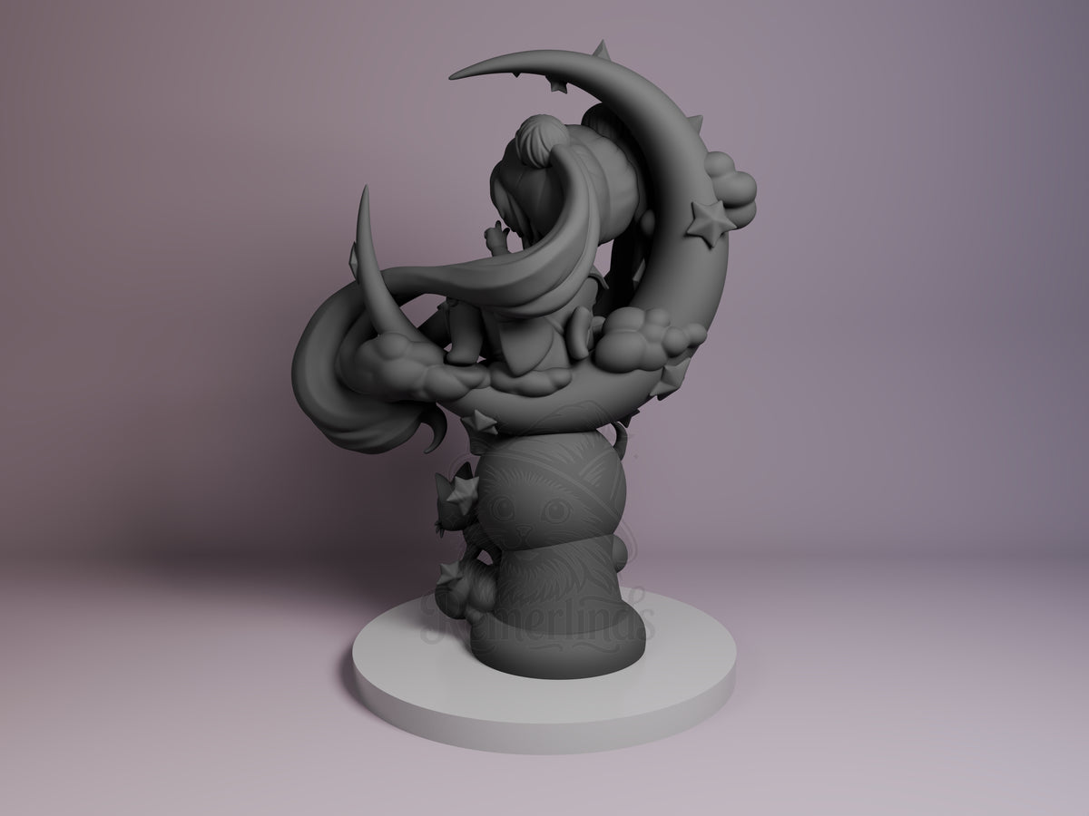 Rear-left view shows unpainted Sailor Moon from Sailor Moon as a resin Chibi figure with flowing hair on a cat base.