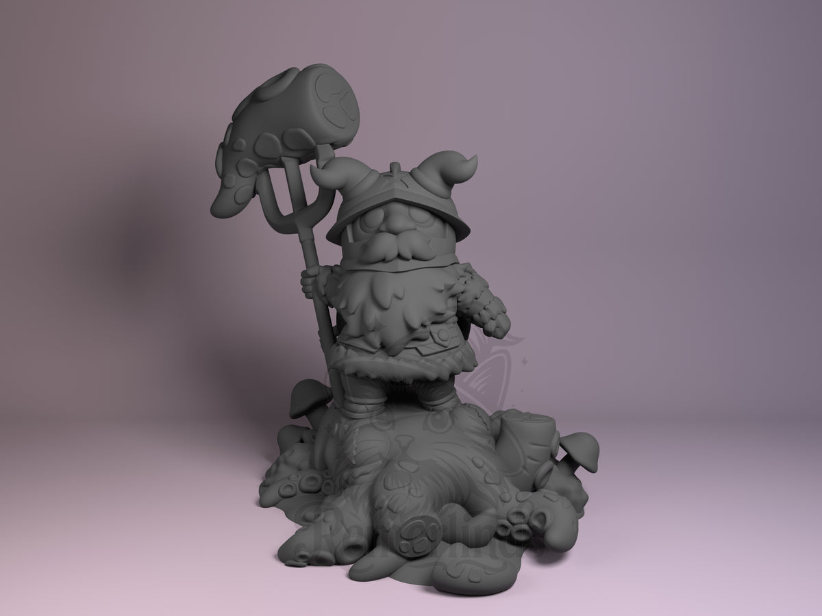 Senshi resin Chibi figure from Delicious in Dungeon, unpainted gray, front view holding axe aloft with muscular pose on decorative cloud base.